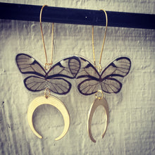 Load image into Gallery viewer, Clear wing butterfly earrings with crescent dangles
