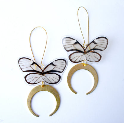 Real clearwing butterfly earrings with crescent moon dangles