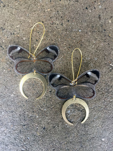 Clear wing butterfly earrings with crescent dangles