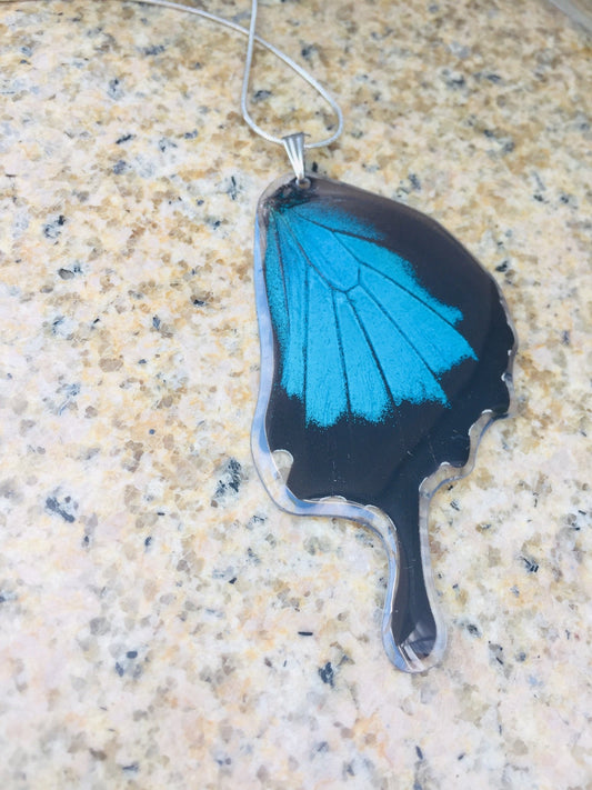 Blue Ulysses wing necklace, alternate view