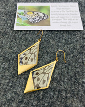 Load image into Gallery viewer, Recycled butterfly wing drop kite pendant earrings - Rice Paper - dangle, gold, shiny, lightweight, modern jewelry
