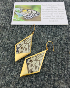 Recycled butterfly wing drop kite pendant earrings - Rice Paper - dangle, gold, shiny, lightweight, modern jewelry