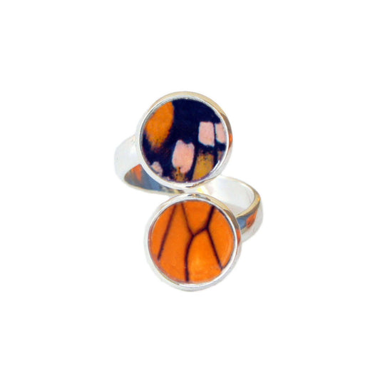 Real butterfly wings in a double pendant silver ring