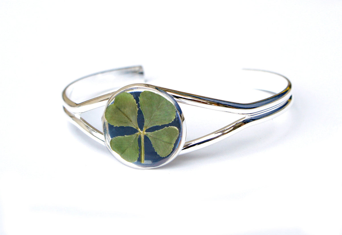 Real Four Leaf Clover Cuff Bracelet in Silver