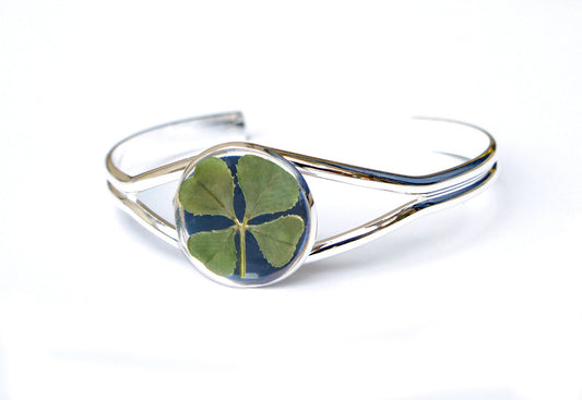 Real Four Leaf Clover Cuff Bracelet in Silver