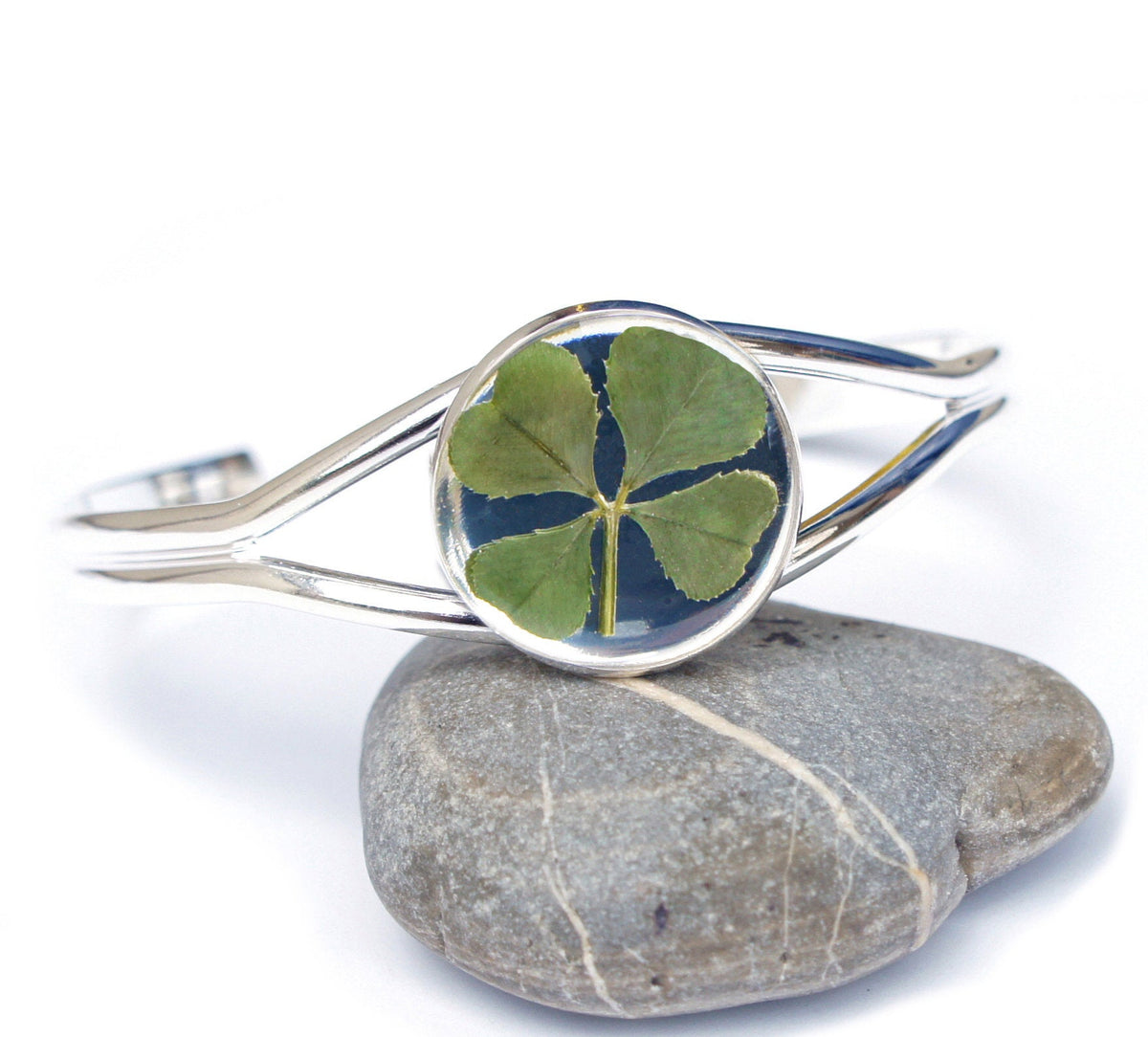 Real Four Leaf Clover Cuff Bracelet in Silver