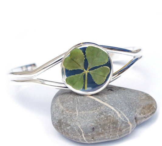 Real Four Leaf Clover Cuff Bracelet in Silver