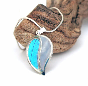 Real Blue Morpho Butterfly Wing Necklace with Pearl Shell in Sterling Silver