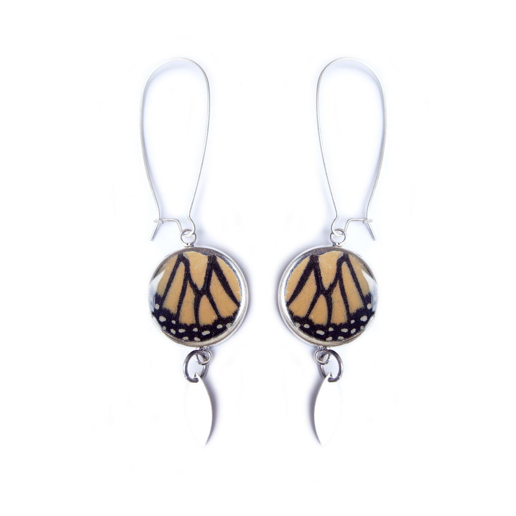 Recycled Monarch Butterfly Wing Earrings - Silver-Plated Pendant Earrings With Dangle Marquis Charm - Butterfly Gift, Nature Theme Jewelry