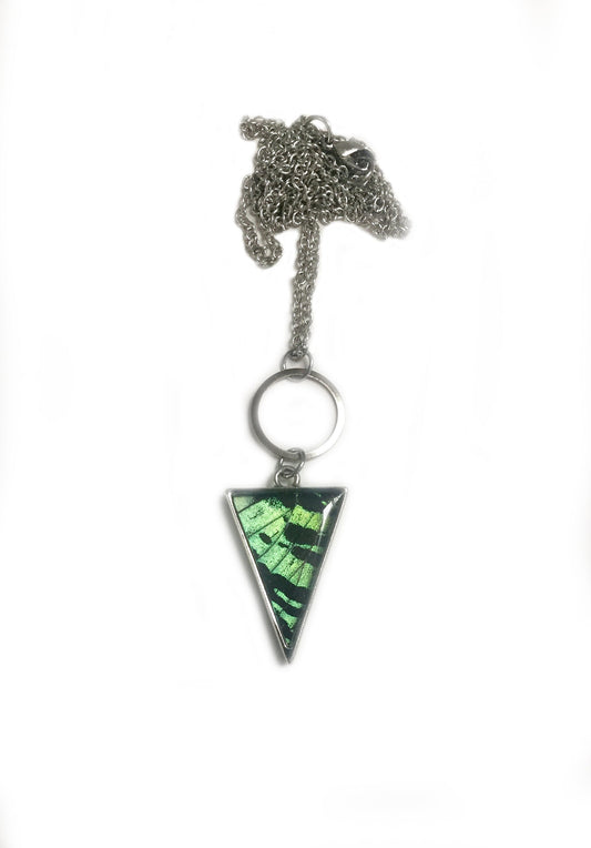 Real green Sunset Moth wing necklace on an extra long chain