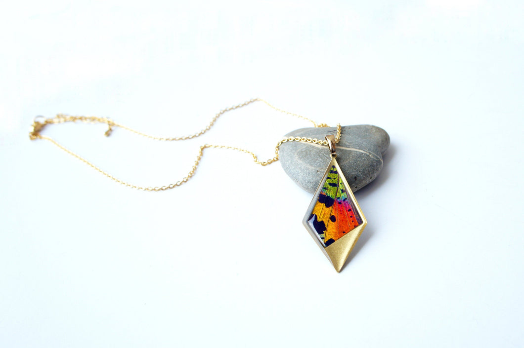 Real Butterfly Wing Kite Pendant Necklace - Sunset Moth Hindwing