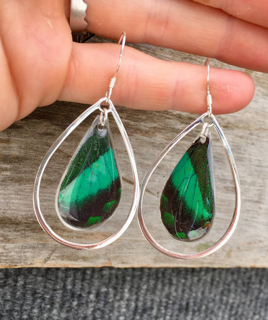 Emerald green wing sterling earrings, alternate view