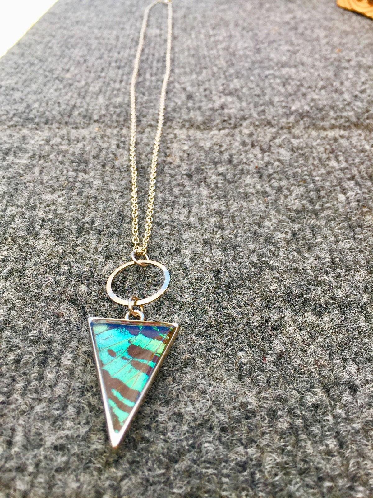 Long chain Sunset Moth necklace, alternate view