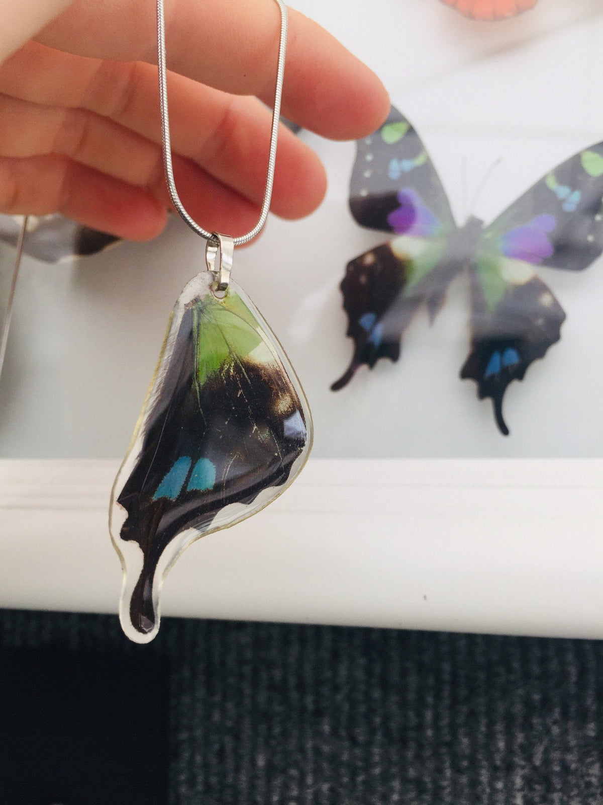 Graphium weiskei wing necklace, detail view