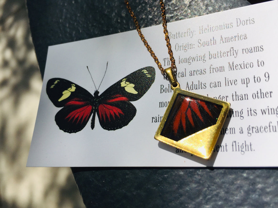 Red Butterfly Wing Necklace Pendant Jewelry - Heliconius Doris - Butterflies, Unique, Colorful, Nature Art, Modern Jewelry