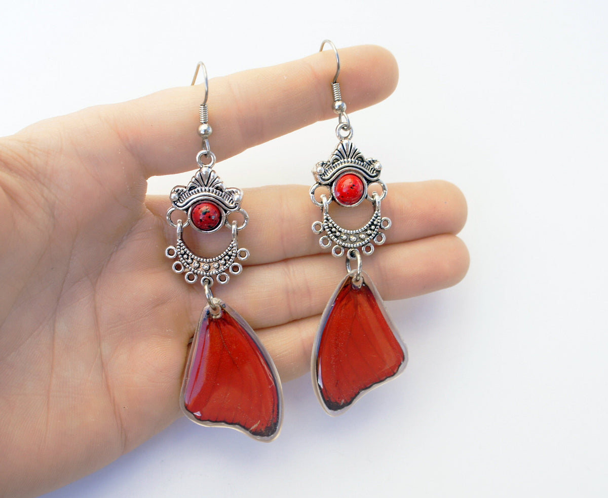 Real Red Butterfly Wing Earrings with Pearl – Cymothoe Sangaris