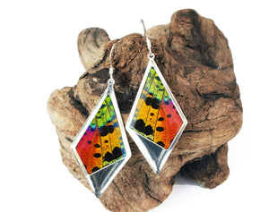 Recycled Butterfly Wing Kite Pendant Earrings - Rainbow Sunset Moth - Nature Art, Nature Jewelry, Butterflies