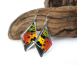 Recycled Butterfly Wing Kite Pendant Earrings - Rainbow Sunset Moth - Nature Art, Nature Jewelry, Butterflies