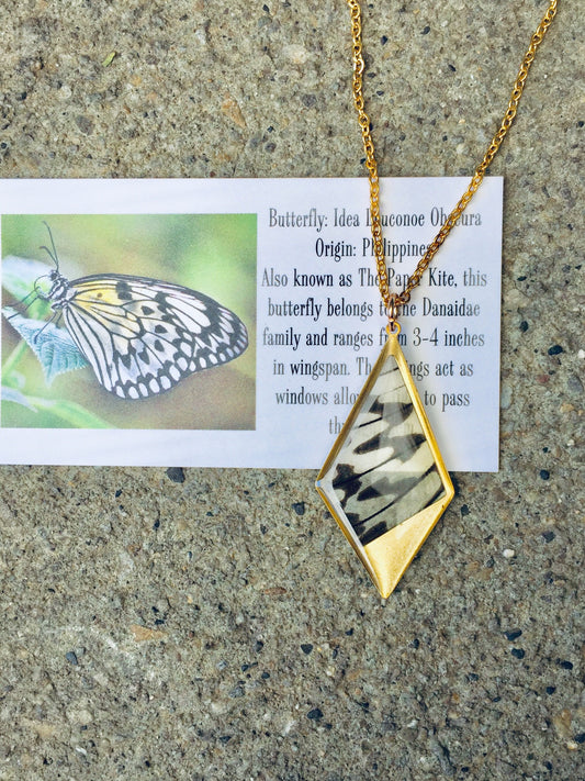 Real Rice Paper butterfly wing sealed in resin in a kite pendant necklace