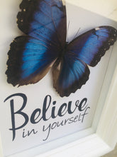 Load image into Gallery viewer, Blue Morpho quote shadow box, detail view
