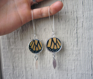 Recycled Monarch Butterfly Wing Earrings - Silver-Plated Pendant Earrings With Dangle Marquis Charm - Butterfly Gift, Nature Theme Jewelry