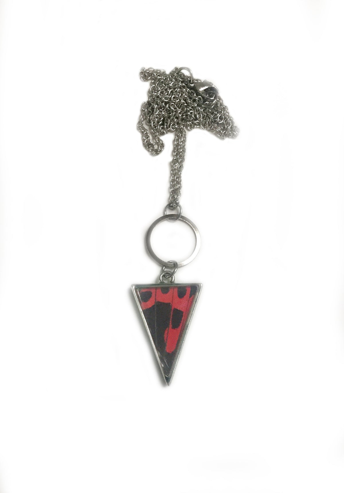 Real Scarlet Mormon butterfly hindwing necklace on an extra long chain