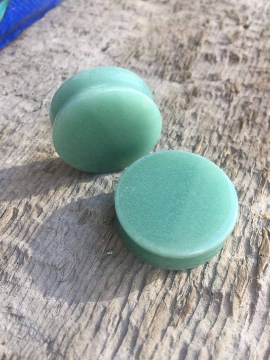 Green jade stone double flared circle plugs, 1 inch
