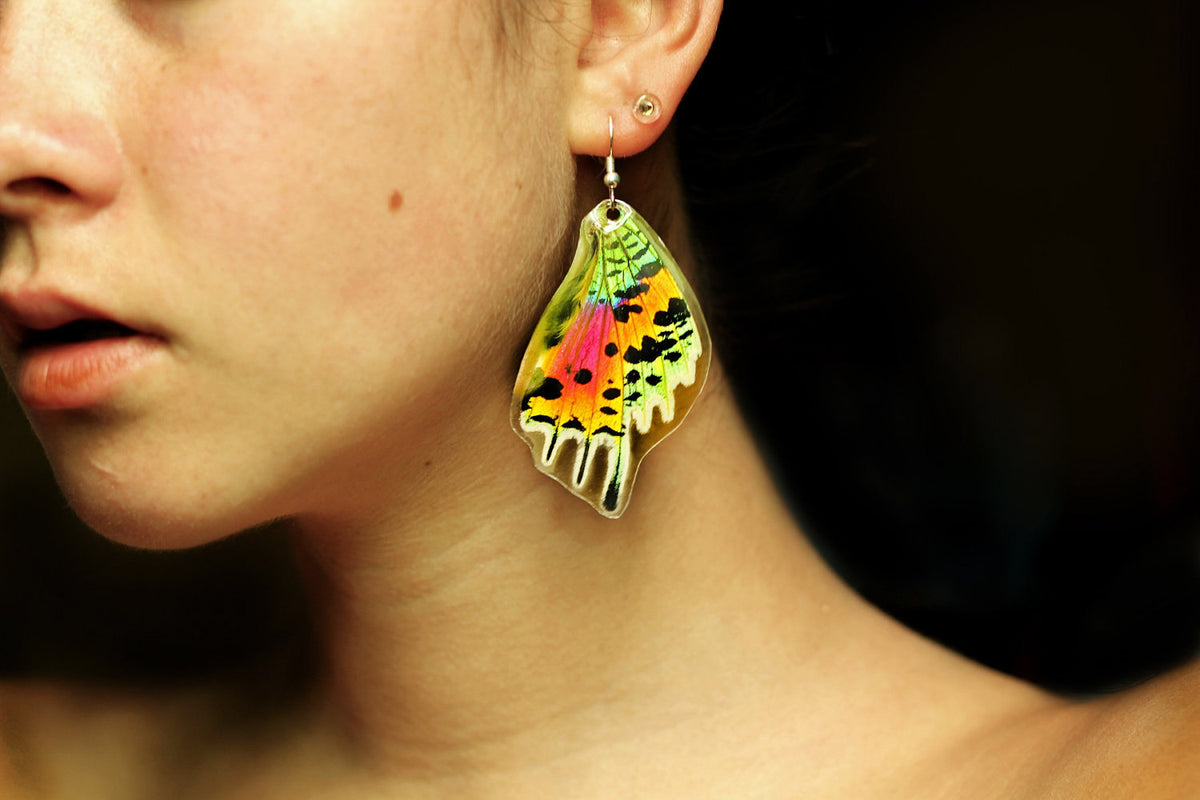 Rainbow Sunset Moth earrings, alternate view