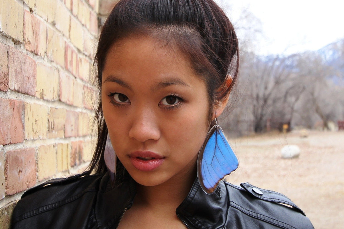 Large Blue Morpho butterfly wing earrings, additional view