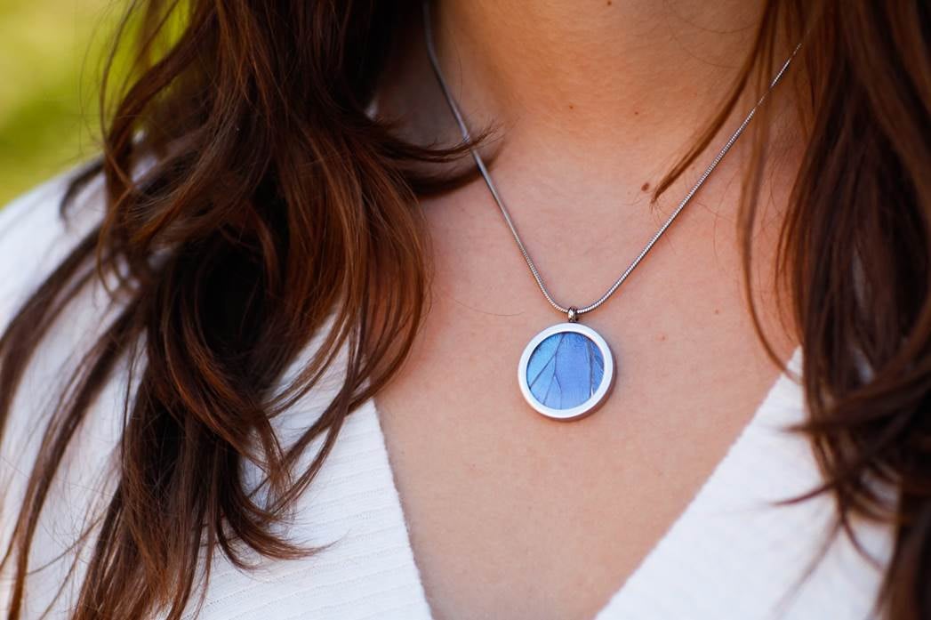 Blue Morpho stainless steel pendant, additional view
