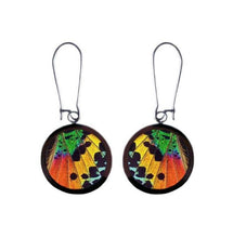 Load image into Gallery viewer, Pendant Butterfly Wing Earrings - Rainbow Sunset Moth Circle
