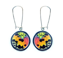Load image into Gallery viewer, Pendant Butterfly Wing Earrings - Rainbow Sunset Moth Circle
