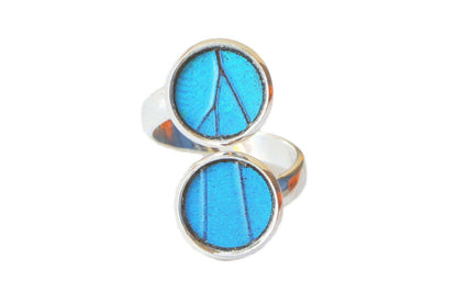 Real Blue Morpho wings in a double pendant silver ring
